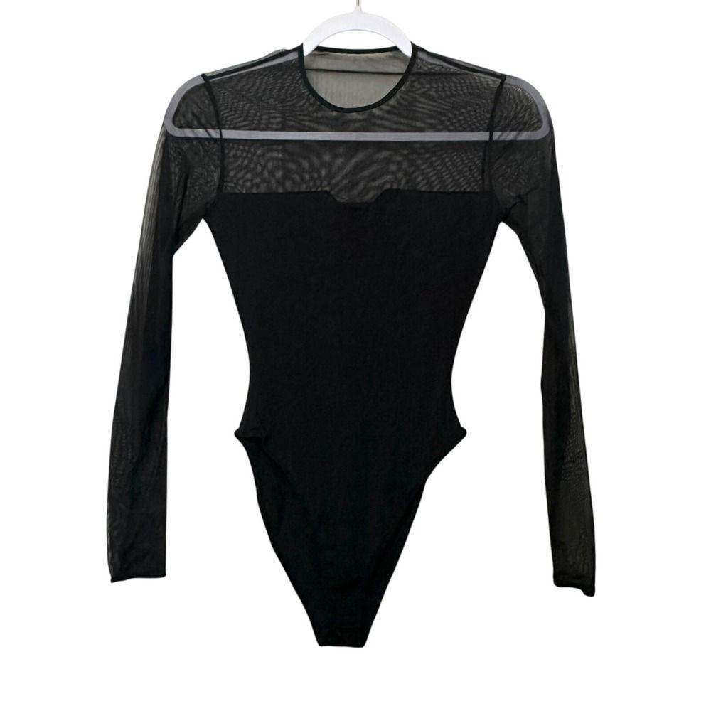 Gothcore Mesh Round‎ Neck Long Sleeve Bodysuit Sheer Stretch Black Women M